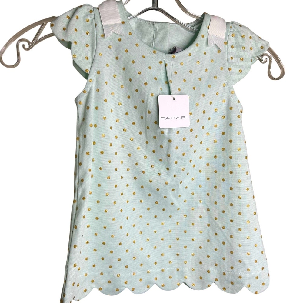Tahari 3T Dress- mint green gold polka dot, scallop edges, white bow UK 2/3 AU3